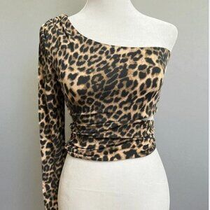 New Women’s Leopard Print One Shoulder Long Sleeve Ruched Crop Top Size S